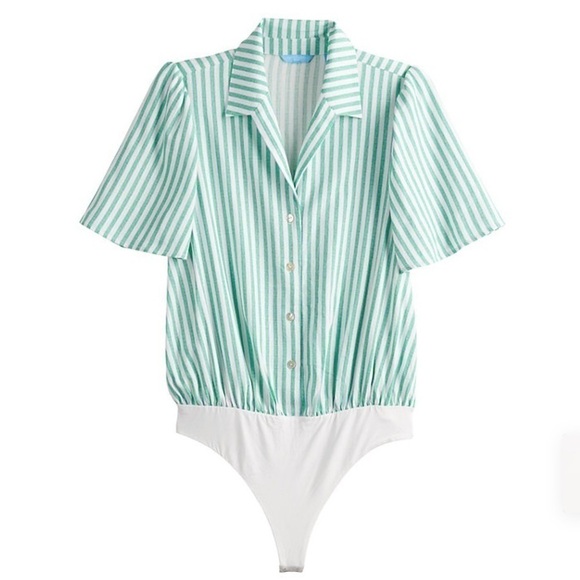 Draper James RSVP New Size XS Button Front Linen Blend Bodysuit Kelly Stripe - Picture 1 of 7